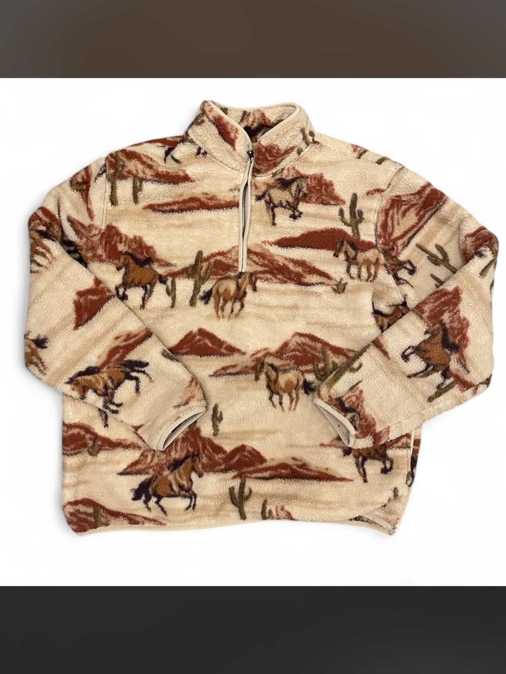 Old Navy Women’s Cream Western Horse Print Quarter-Zip Fleece Sweater Size Large